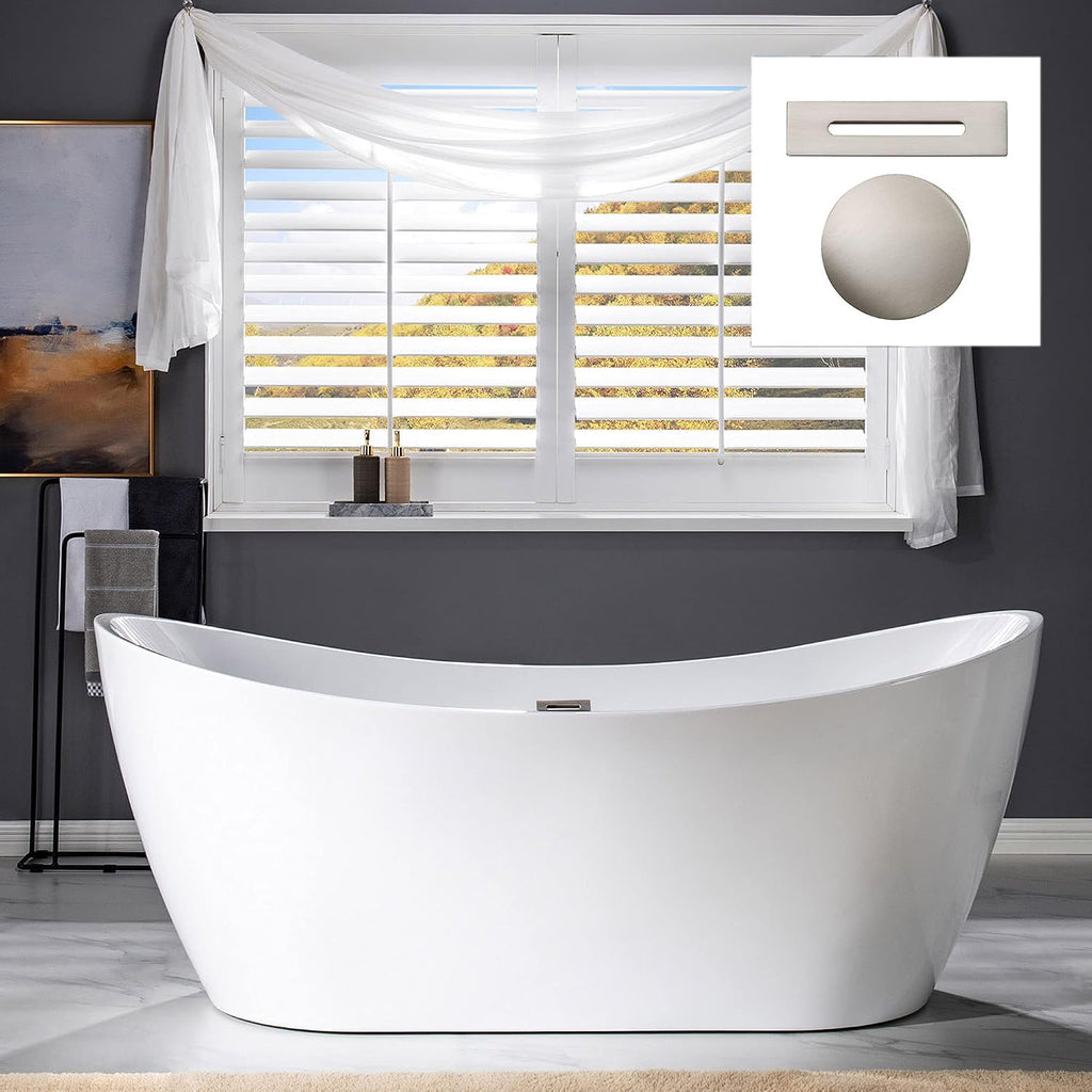 WOODBRIDGE 71' Acrylic Freestanding Bathtub Contemporary Soaking White Tub with Brushed Nickel Overflow and Drain,B0017-BN