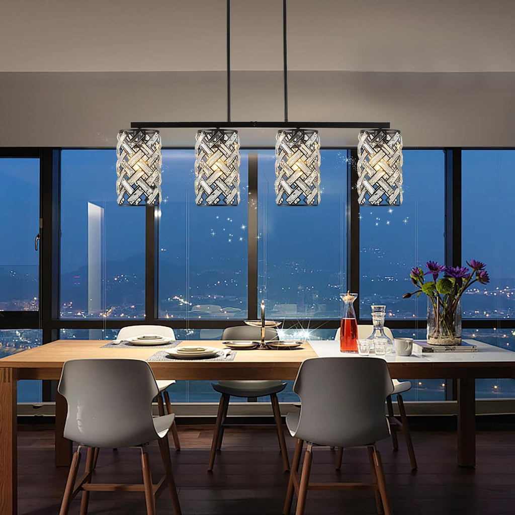 CATINER 40' Crystal Kitchen Island Lighting 4 Lights Modern Black Linear Chandelier Dining Room Light Fixture Over Table Luxury Ceiling Pendant Light Fixture