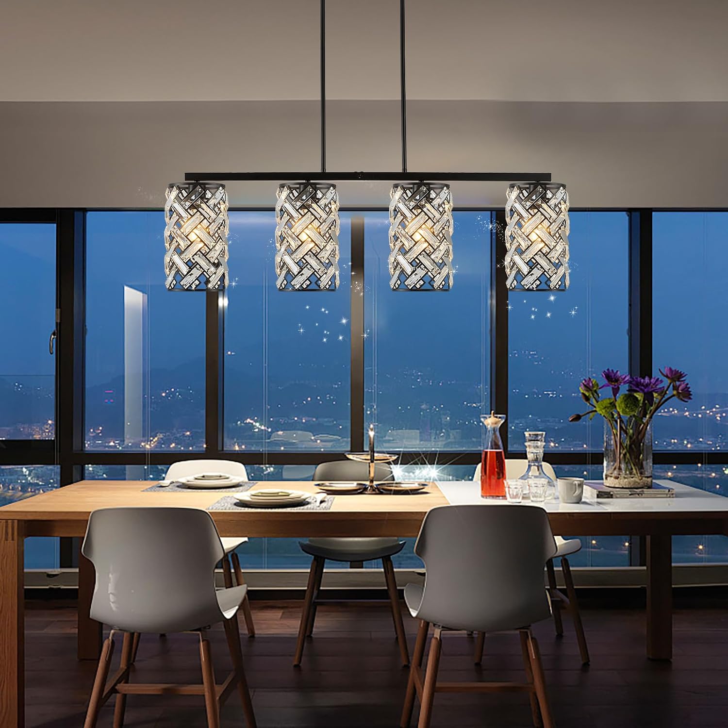 CATINER 40' Crystal Kitchen Island Lighting 4 Lights Modern Black Linear Chandelier Dining Room Light Fixture Over Table Luxury Ceiling Pendant Light Fixture