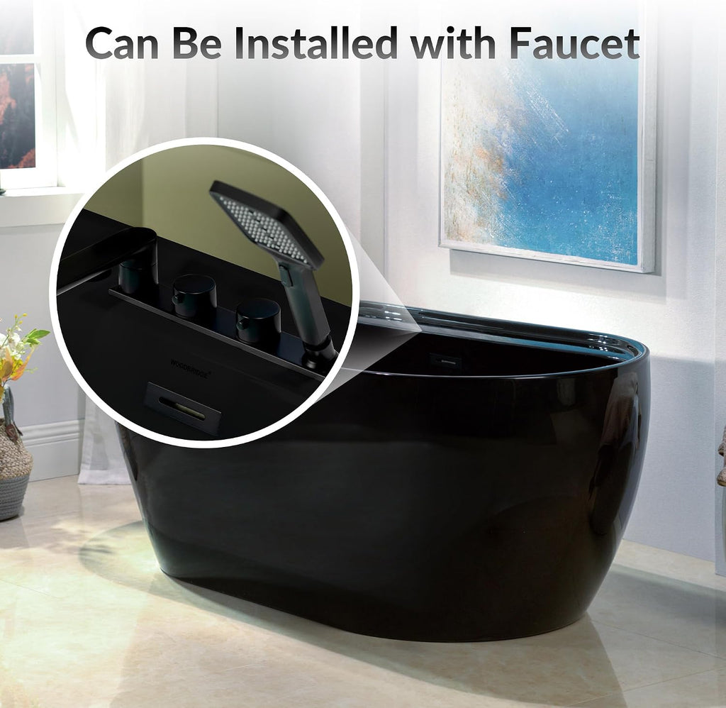 WOODBRIDGE 59' L x 31-1/2' W Freestanding Contemporary Acrylic Soaking Bathtub in Glossy Black Inside and Outside with Matte Black Drain & Overflow,B8864-MB