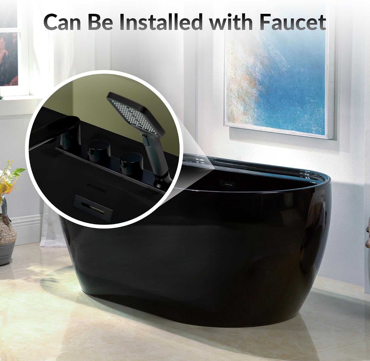 WOODBRIDGE 59' L x 31-1/2' W Freestanding Contemporary Acrylic Soaking Bathtub in Glossy Black Inside and Outside with Matte Black Drain & Overflow,B8864-MB