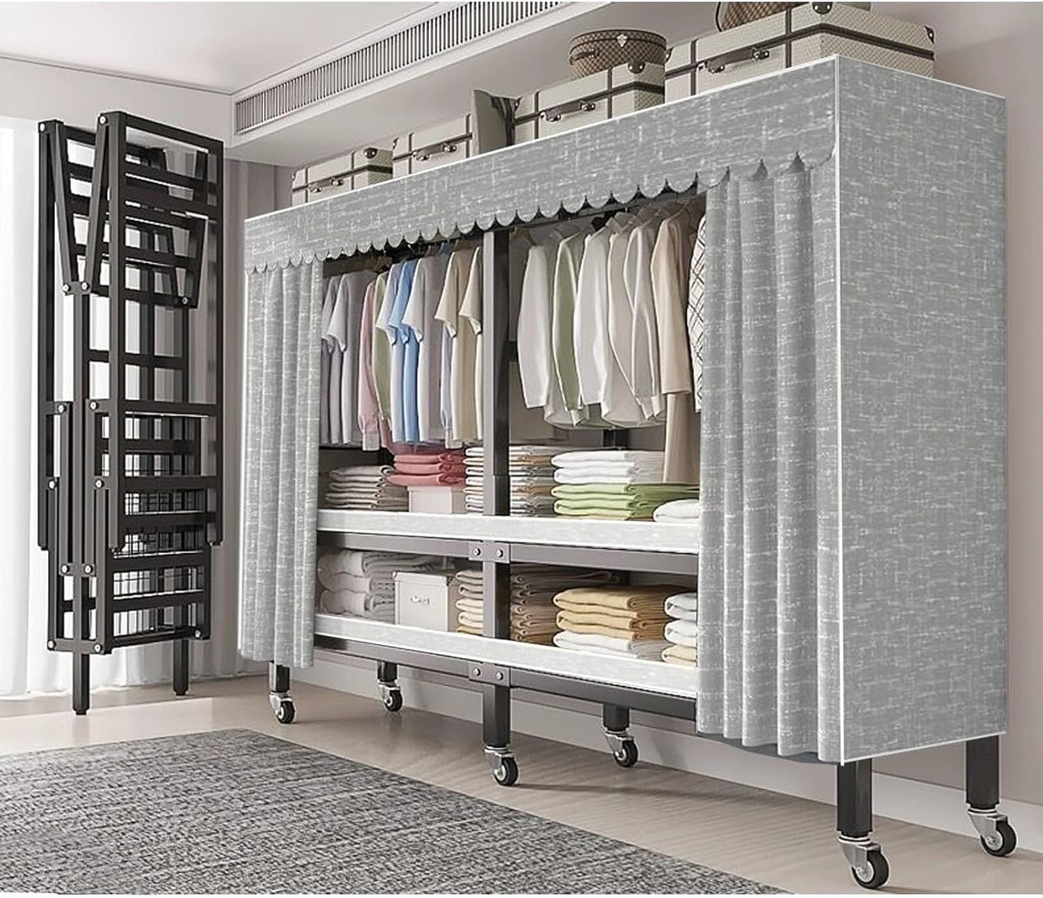 Heavy Duty Portable Wardrobe Closet With Cover and Wheels Collapsible Clothes Rack With Hang Rods & Shelves Large Rolling Garment Rack for Hanging Clothes Coat Storage Organizer(Size:150*52*180cm)