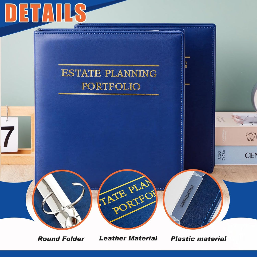 Dunzoom 10 Pcs Estate Planning Portfolio Binder PU Leather 3 Ring Binders with Gold Title and Index Tab Dividers, 11'' x 11.8'' x 2.4'' Estate Planning Organizer (Blue)