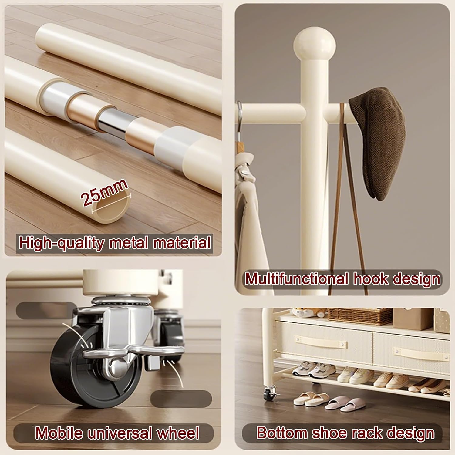 Heavy-Duty Clothes Rack With Wheels,Portable Metal Garment Rack With Storage Shelves And Coat/Hat Hooks,Freestanding Clothing Racks For Hanging Clothes,White(60cm(23.6in))