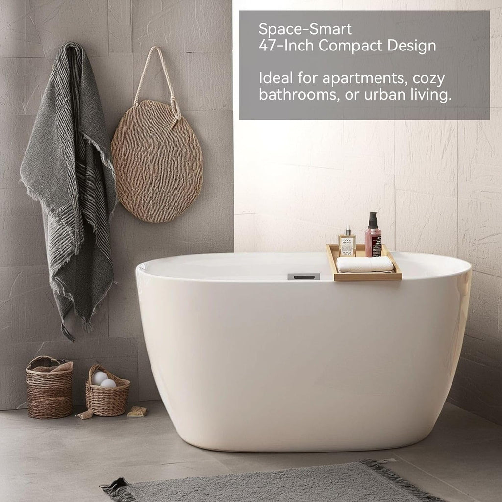47' Acrylic Freestanding Bathtub, Oval Shape Free Standing Tub Contemporary Soaking Bath Tub with Chrome Overflow & Pop-Up Drain, Gloss White