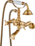 gotonovo Clawfoot Bathtub Faucet Tub Filler with Hand Held Shower Faucet Set Victorian Double Cross Handle 6 Inch Center Adjustable Swing Arms Tub Mount Short Adapter Antique Brass