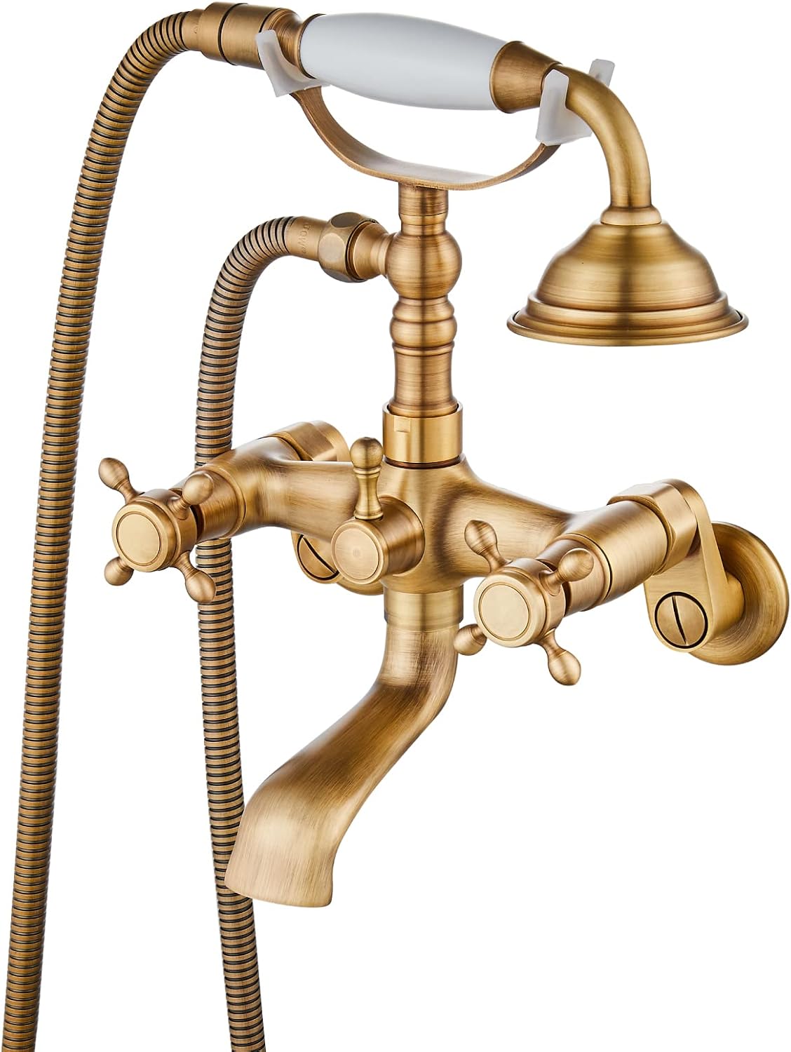 gotonovo Clawfoot Bathtub Faucet Tub Filler with Hand Held Shower Faucet Set Victorian Double Cross Handle 6 Inch Center Adjustable Swing Arms Tub Mount Short Adapter Antique Brass