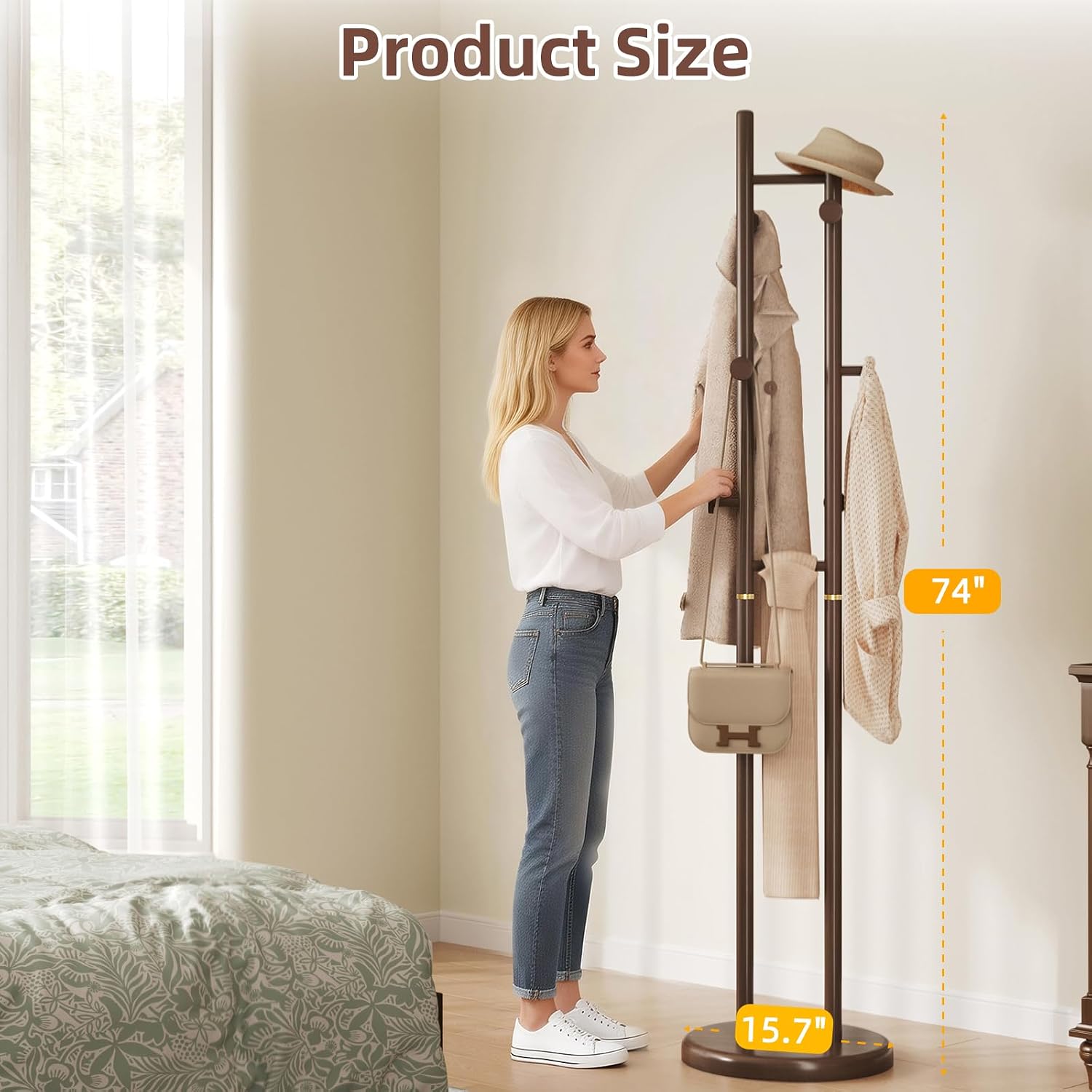 CozyDH Coat Rack Wooden Freestanding - Wood Coat Rack Freestanding Heavy Duty, Wooden Coat Stand with 6 Hooks Creative Look for Entryway, Hallway, Bedroom (Dark Walnut)
