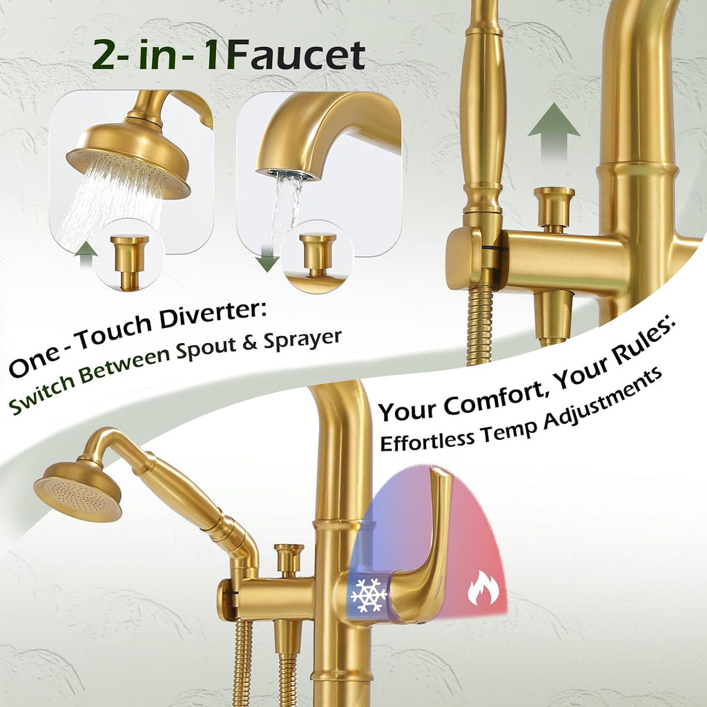 Luxury Free Standing Tub Faucet, Classic Brass Freestanding Bathtub Faucet, Lexdale Bathroom Floor Mount Tub Filler with handheld Sprayer Supply Lines Included Brushed Gold (LD8911-BG)