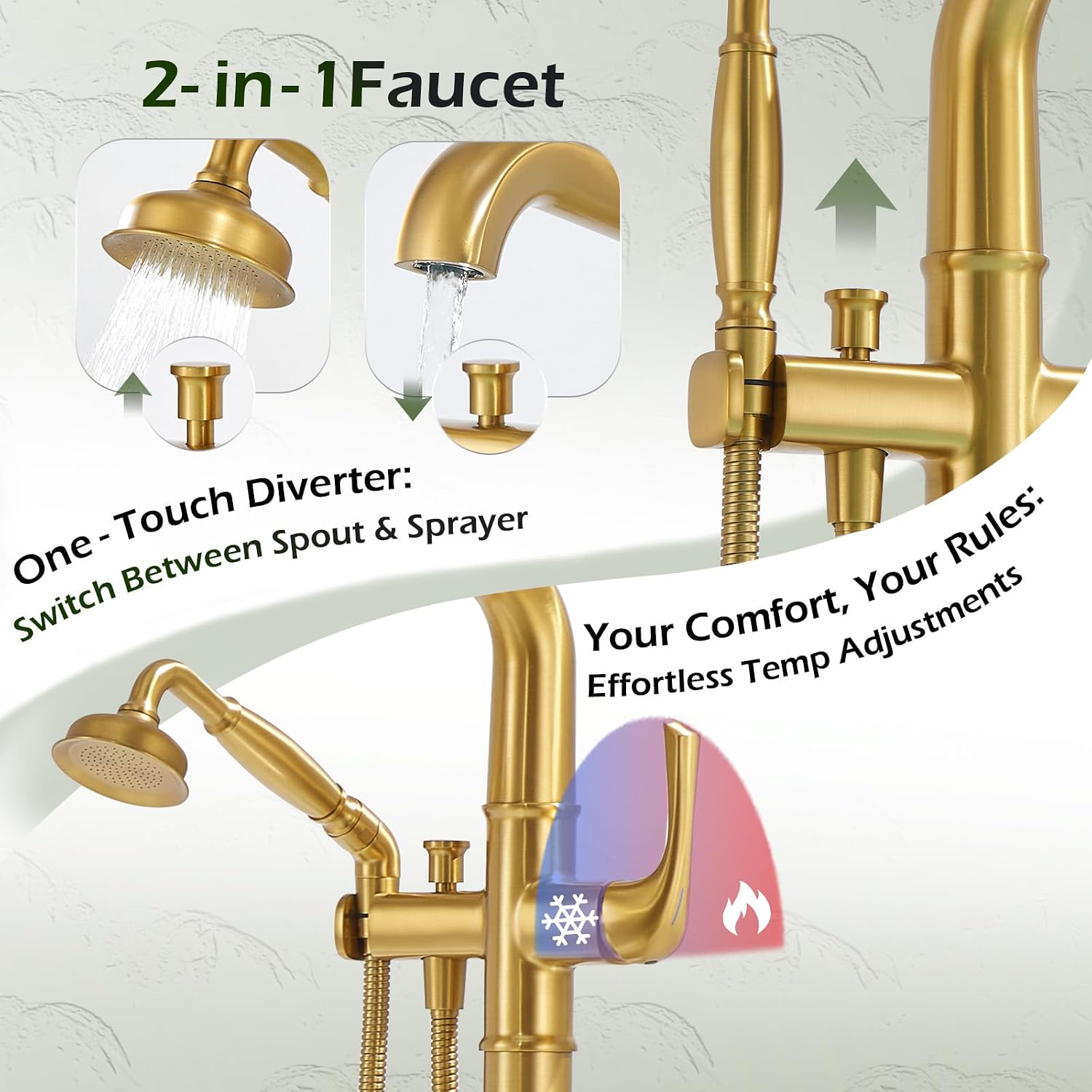 Luxury Free Standing Tub Faucet, Classic Brass Freestanding Bathtub Faucet, Lexdale Bathroom Floor Mount Tub Filler with handheld Sprayer Supply Lines Included Brushed Gold (LD8911-BG)