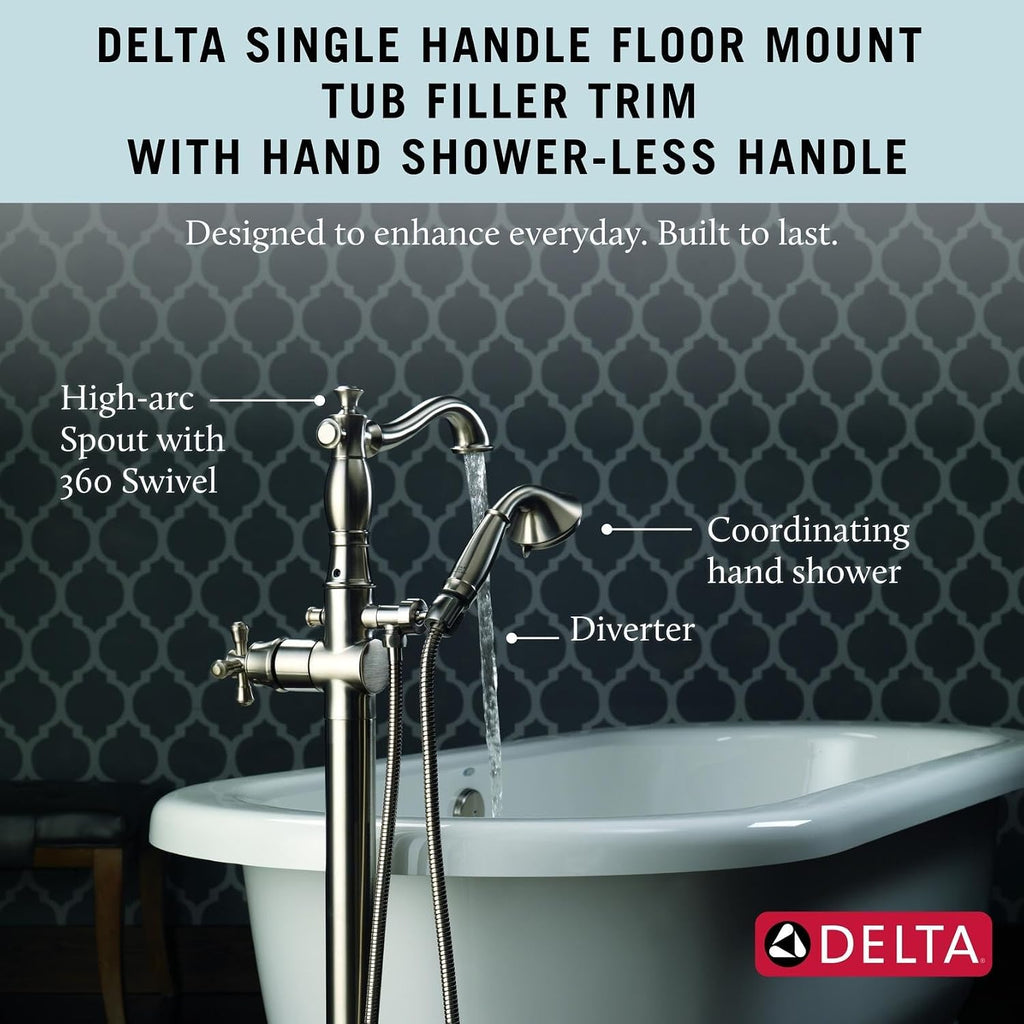 Delta Faucet Cassidy Floor Mount Tub Filler - Freestanding Roman Tub Spout with Handheld Shower - Double Check Valves - Stainless, T4797-SSFL-LHP (Rough & Handles Sold Separately)