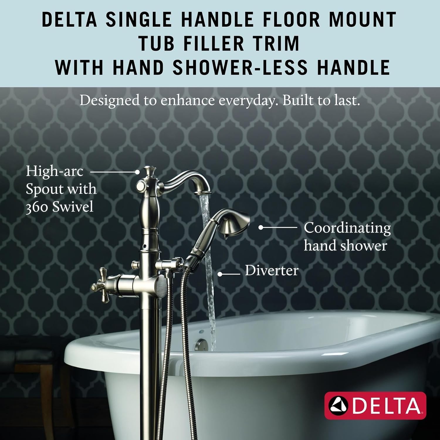 Delta Faucet Cassidy Floor Mount Tub Filler - Freestanding Roman Tub Spout with Handheld Shower - Double Check Valves - Stainless, T4797-SSFL-LHP (Rough & Handles Sold Separately)
