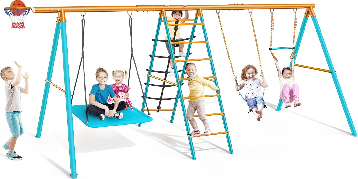 Osoeri 6-in-1 Swing Set for Backyard, Heavy-Duty Metal Kids Swing Set with 2 Swings, Climbing Net, Trapeze Bar, and Basketball Hoop (Blue)