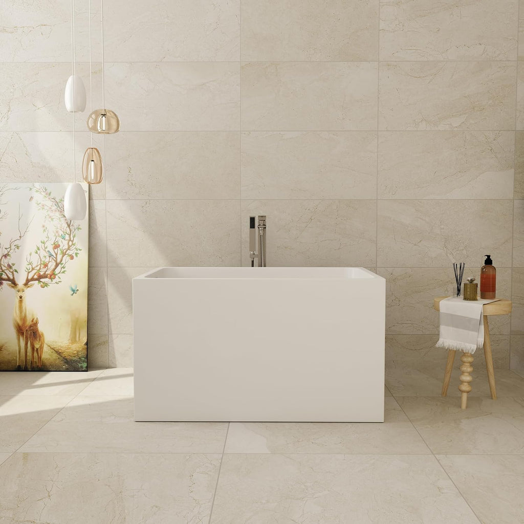 CASAINC 43' Acrylic Freestanding Bathtub with Seat, Spacious Rectangle Shape Soaking Tub, Soaking Stand Alone Tub with Chrome Overflow and Pop Up Drain, Gloss White