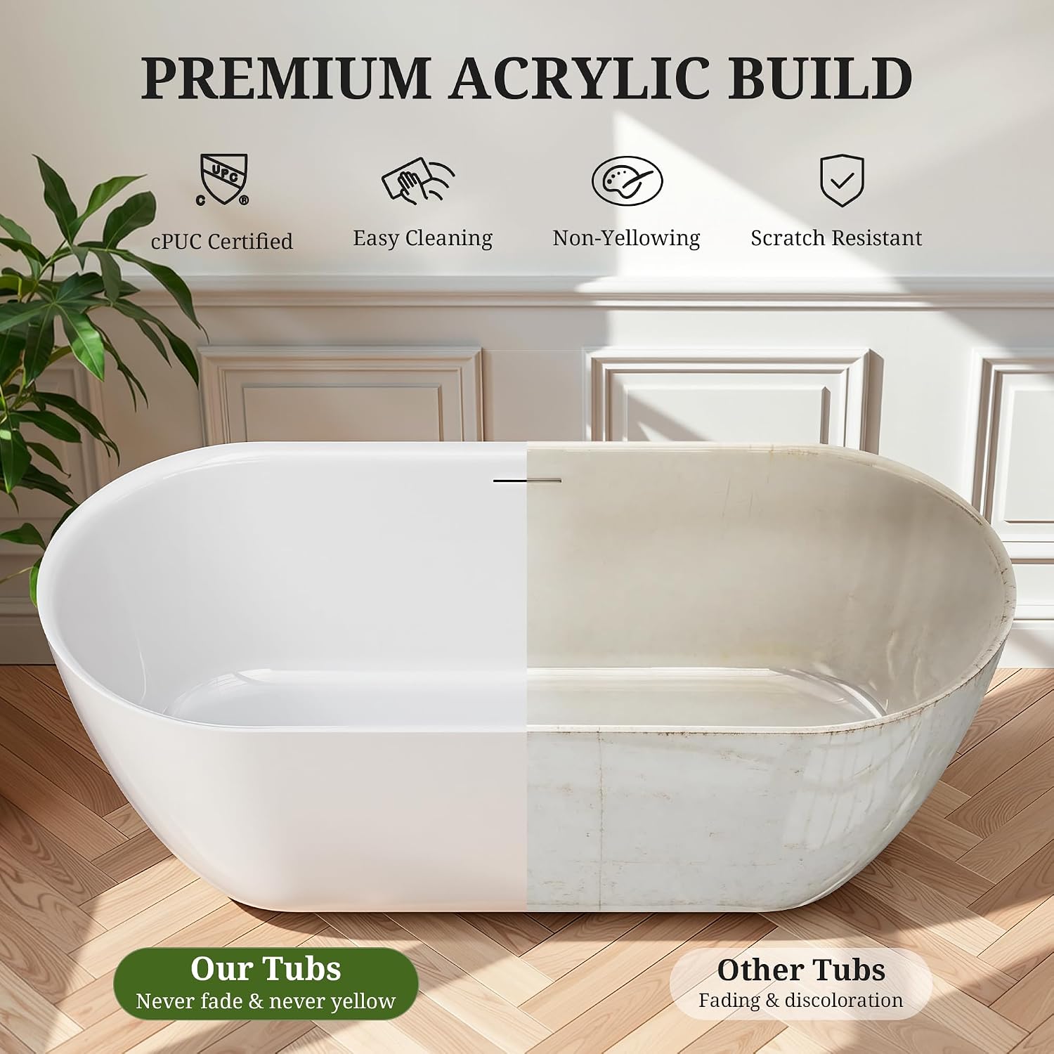 67' Freestanding Bathtub, Acrylic Stand Alone Bathtub, Oval Soaking Tub with Integrated Overflow & Drain, Modern Bath Tubs for Bathroom, Glossy White, cUPC Certified