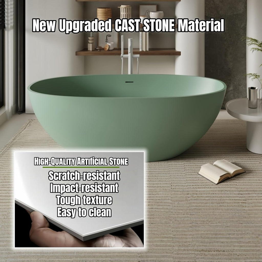 68' Edeyeu Freestanding Bathtub - Oval Deep Soaking Tub with Engineered Stone Build, Ergonomic Backrest and Heat-Retaining Layers, Luxury Solid Surface Bathtub for Modern Bathrooms Orange