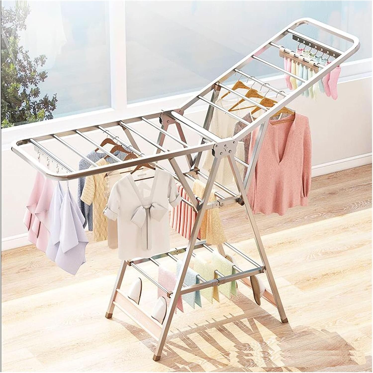 Foldable Freestanding Drying Rack,Collapsible Clothes Drying Rack Foldable Garment & Clothes Drying Rack 3-Tier Stainless Steel Foldable Floor Clothes Rack Folda, OneColor-1.5m