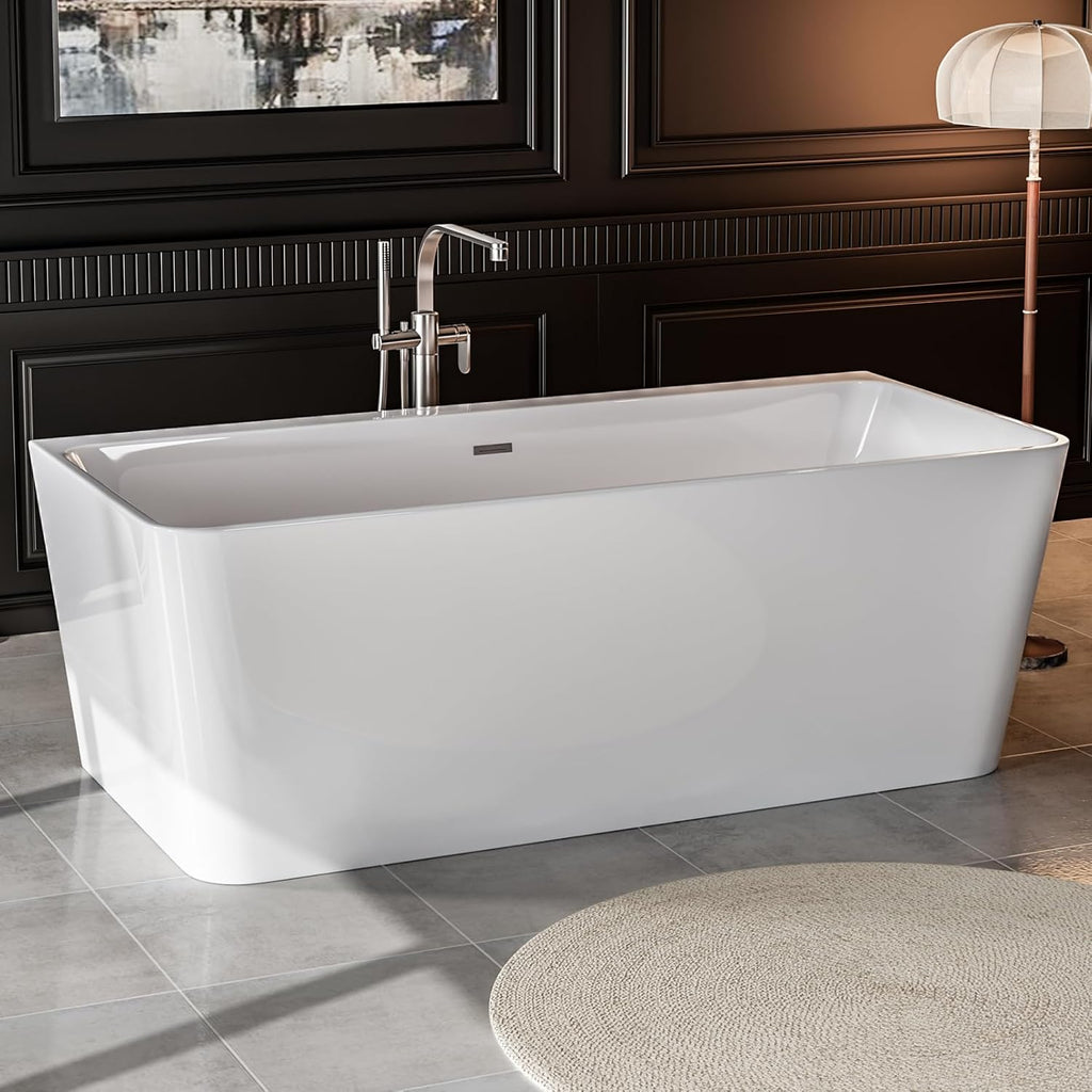 Empava 67' Freestanding Bathtub - Modern Back-to-Wall Soaking Tub with Chrome Drain & Overflow, Gloss White Acrylic Design