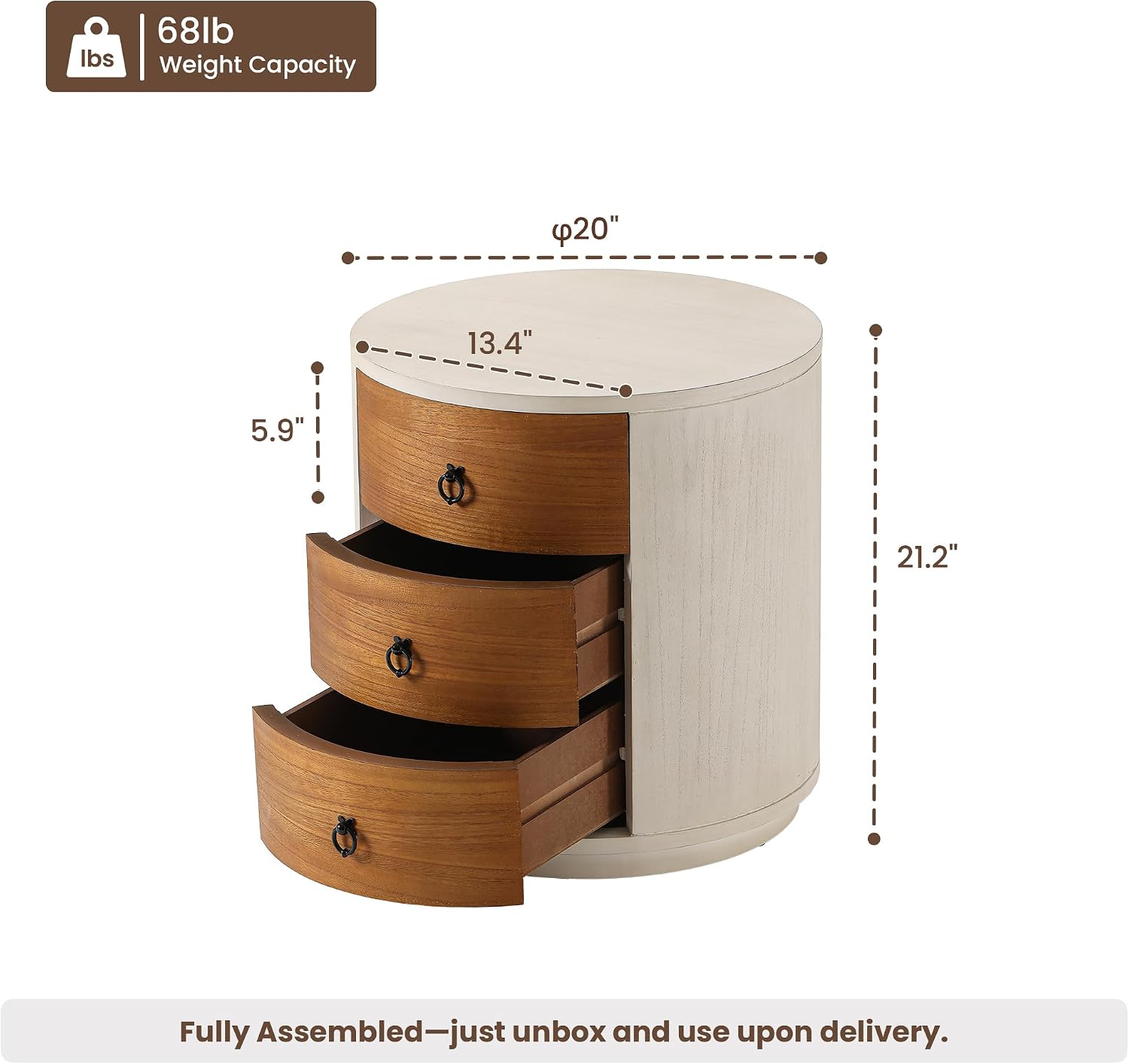 HOMPUS Fully Assembled Round Nightstand, 3 Drawer Chest of Drawers, Wood Rustic Farmhouse Dresser, Retro Modern Night Stand, Wood Rustic Farmhouse Dresser with Drawers for Bedroom, Brown + White