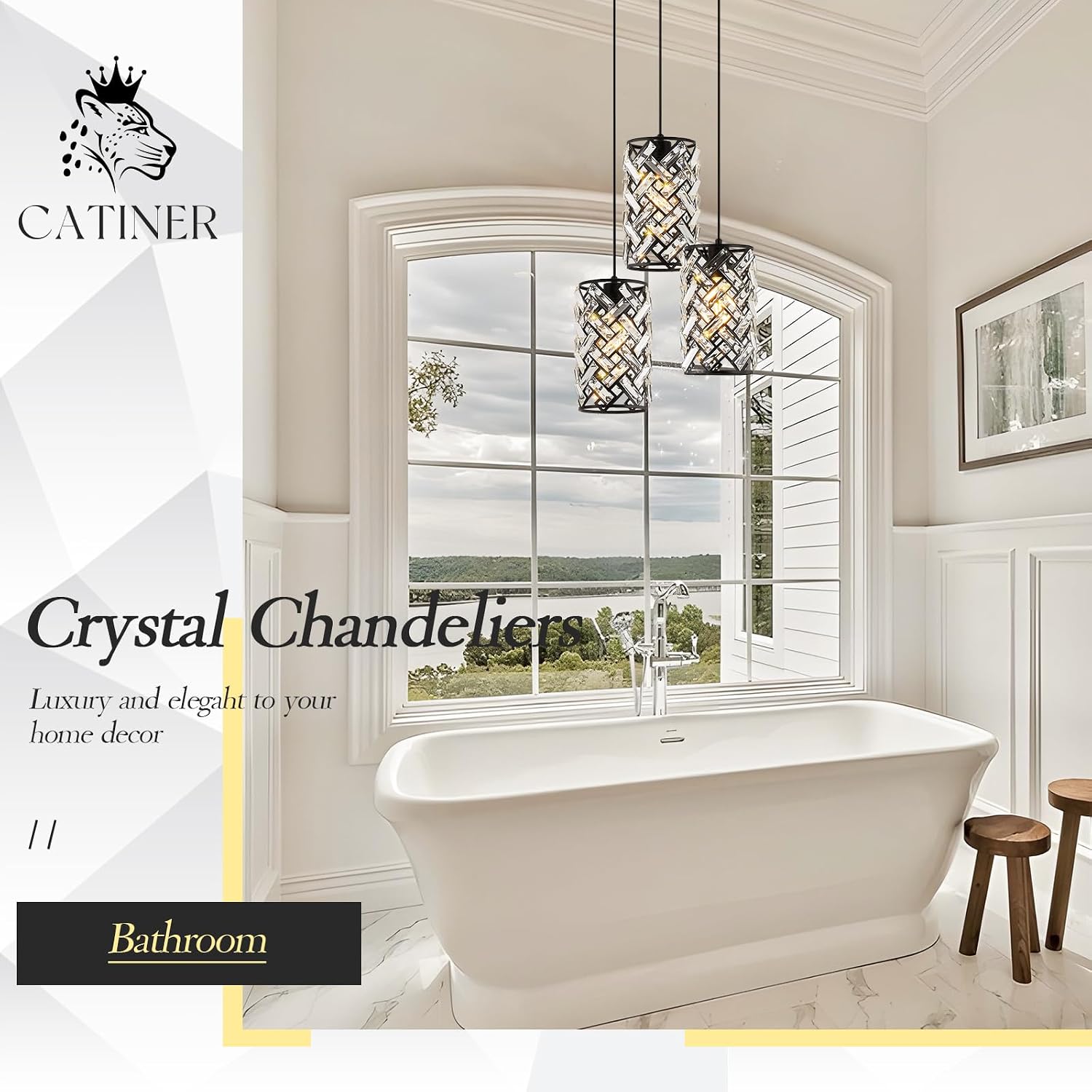 CATINER 3 Lights Crystal Pendant Light Modern Black Mini Chandelier, Adjustable Cluster Pendant Light Fixture for Kitchen Island Dinning Room Bedroom Hallway Porch