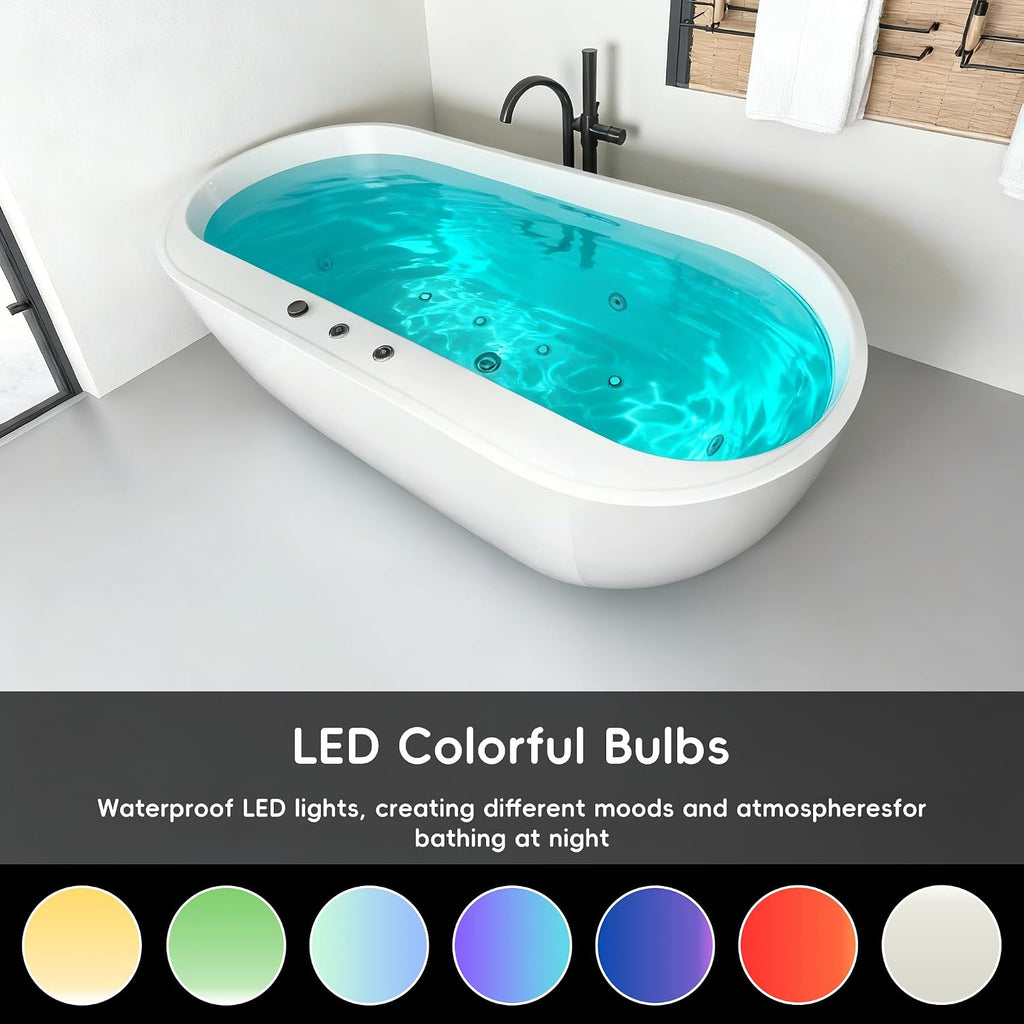 67'x31.5' Jetted Tubs with 6 Whirlpool Nozzles and 8 Air Bubbles, White Freestanding Massage Whirlpool Bathtub, Hydro Massage, Color-Changing LED Chromatherapy, Air type control switch