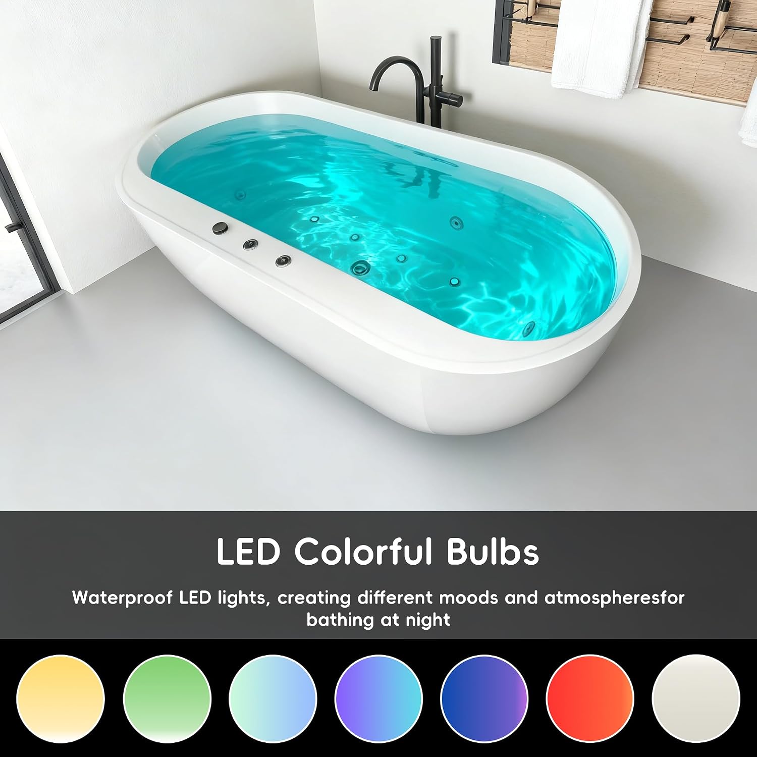 67'x31.5' Jetted Tubs with 6 Whirlpool Nozzles and 8 Air Bubbles, White Freestanding Massage Whirlpool Bathtub, Hydro Massage, Color-Changing LED Chromatherapy, Air type control switch