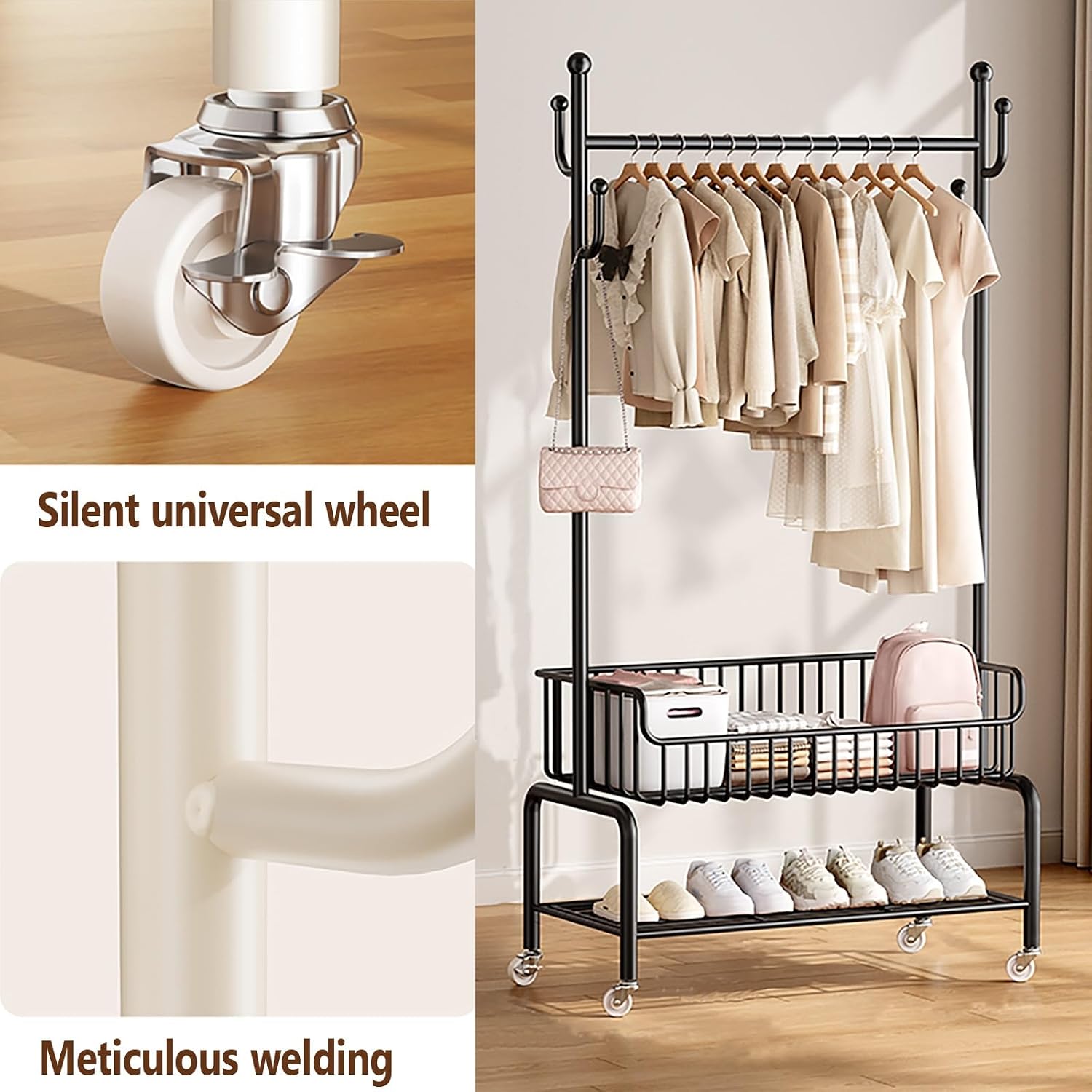 Heavy Duty Clothing Racks With Wheels,Rolling Garment Rack For Hanging Clothes,Metal Rolling Closet Organizer,Clothes Racks With Storage Shelves(White,60cm/23.6in)