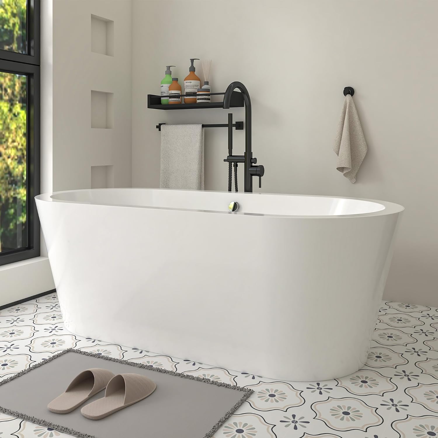 HomeBeyond 68 Inch White Freestanding Bathtub | Acrylic Free Standing Soaking Tub, Morden Bathroom Stand Alone Tub Suitable for 1-2 Person Bathing