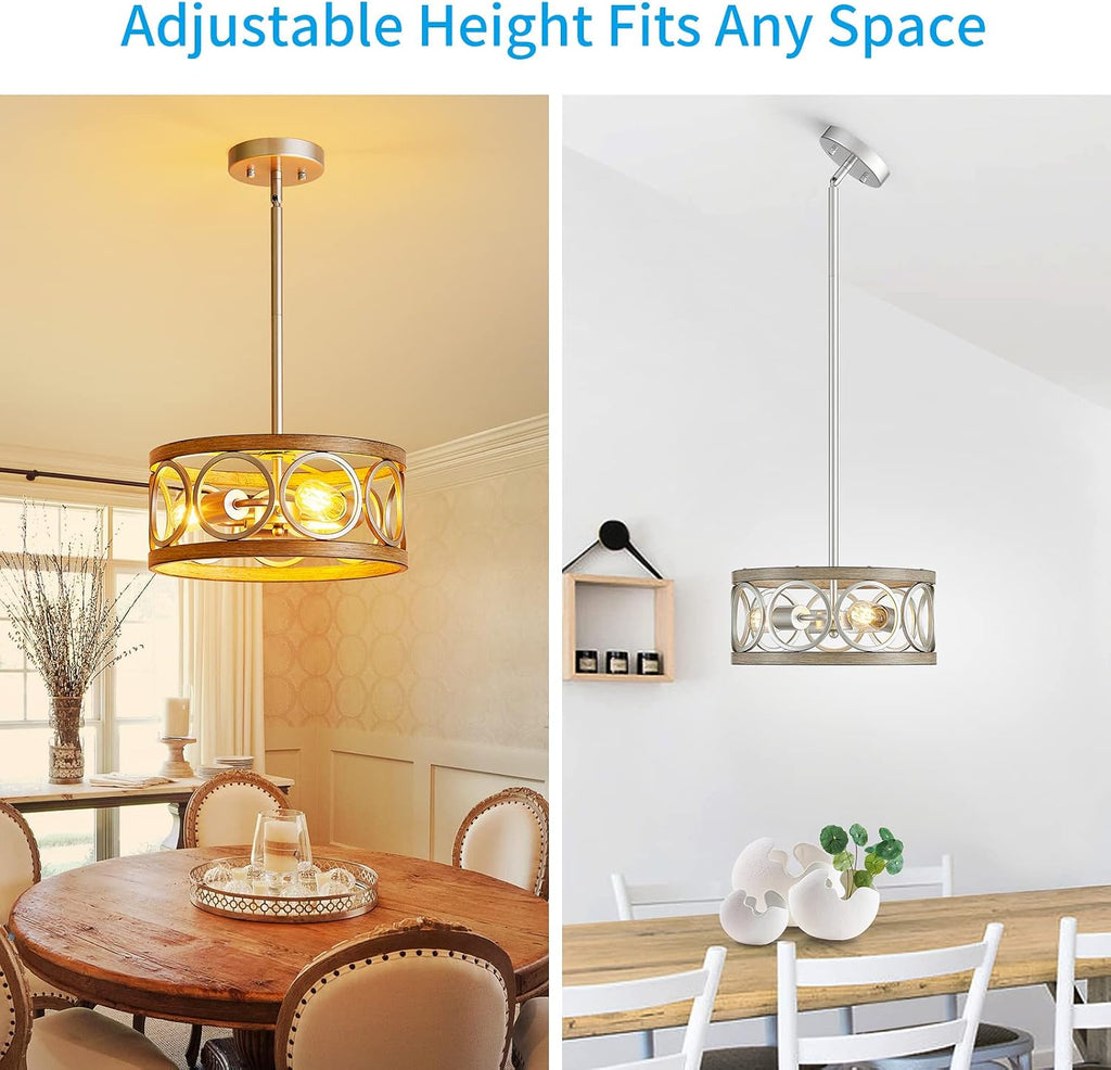 XINGQI 13' Rustic Drum Pendant Lighting Fixture Modern Chandelier 3-Light Height Adjustable Ceiling Lamp for Dining Room Kitchen Island Living Room Bedroom Foyer Hallway, Brushed Nickel