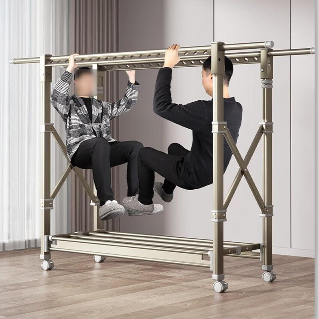 Coat Rack Hooks Double Clothes Rail Commercial Grade Garment Rack with Wheel, Heavy Duty Clothing Rails Adjustable Collapsible Rolling Clothes Rack(120-200cm)