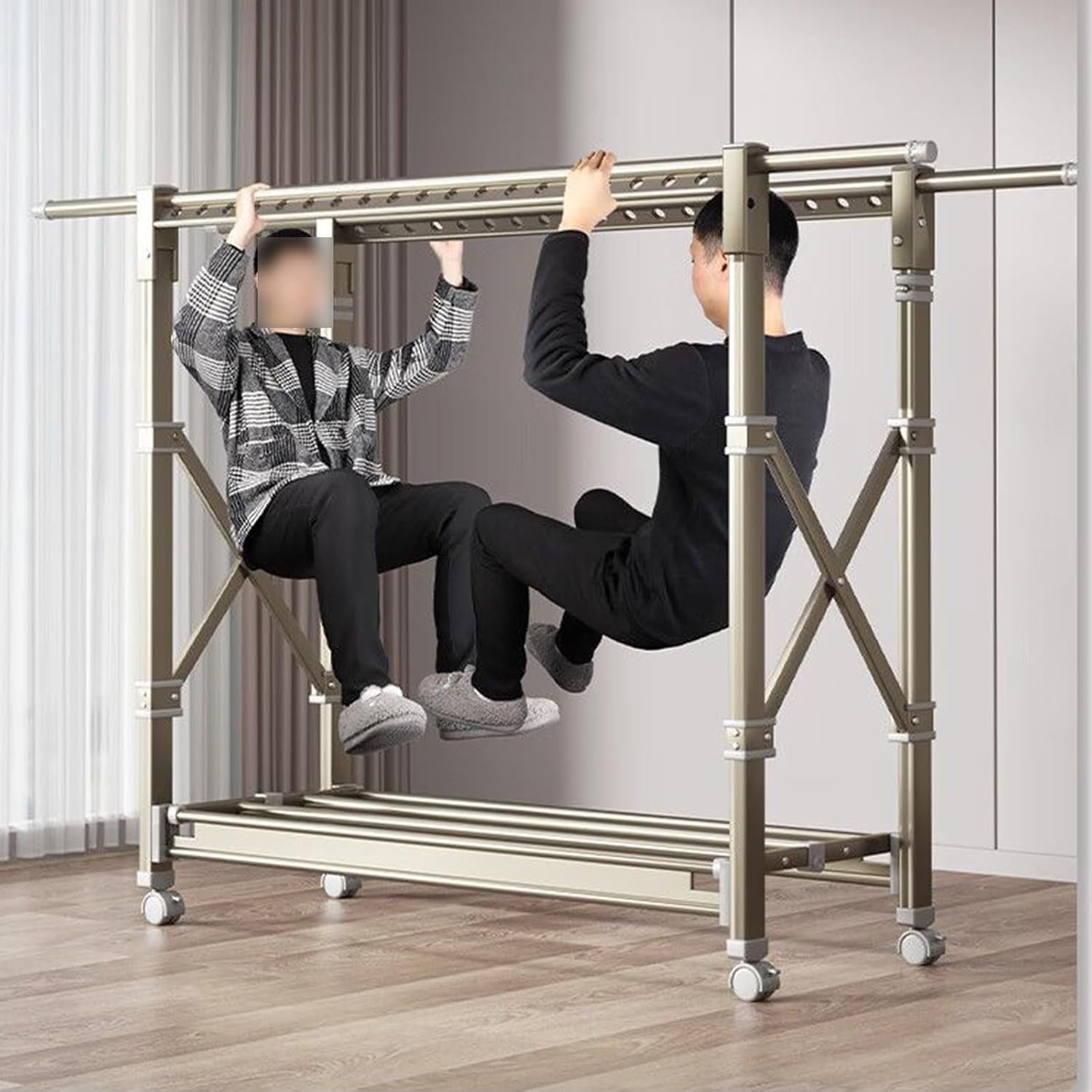 Coat Rack Hooks Double Clothes Rail Commercial Grade Garment Rack with Wheel, Heavy Duty Clothing Rails Adjustable Collapsible Rolling Clothes Rack(120-200cm)