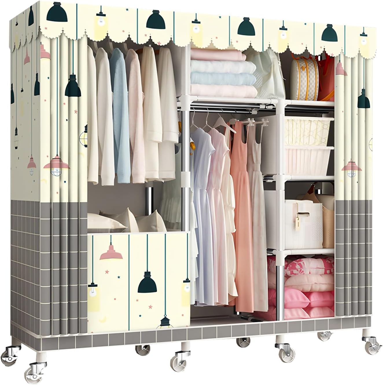 Portable Closet Organizers with Wheels Wardrobe with Shelves and Hanging Rod Non-Woven Fabric Cover Clothing Rack Rolling Closet Rack for Cloakroom Bedroom(Beige,143X45X170CM)