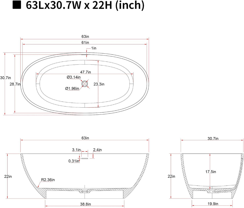 KEIKI 63'' Freestanding Bathtub, Resin Stone Soaking Bathtub with Solid Surface, Modern Tubs with Overflow and Pop-up Drain