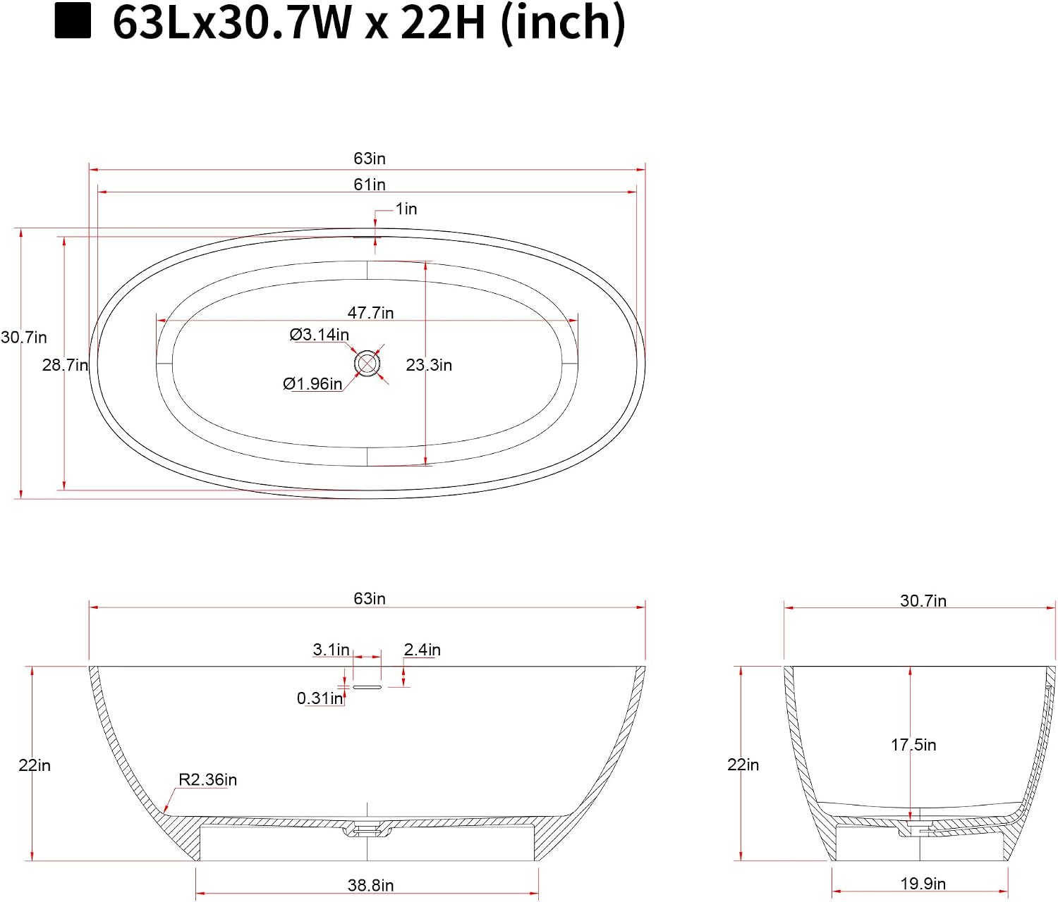 KEIKI 63'' Freestanding Bathtub, Resin Stone Soaking Bathtub with Solid Surface, Modern Tubs with Overflow and Pop-up Drain