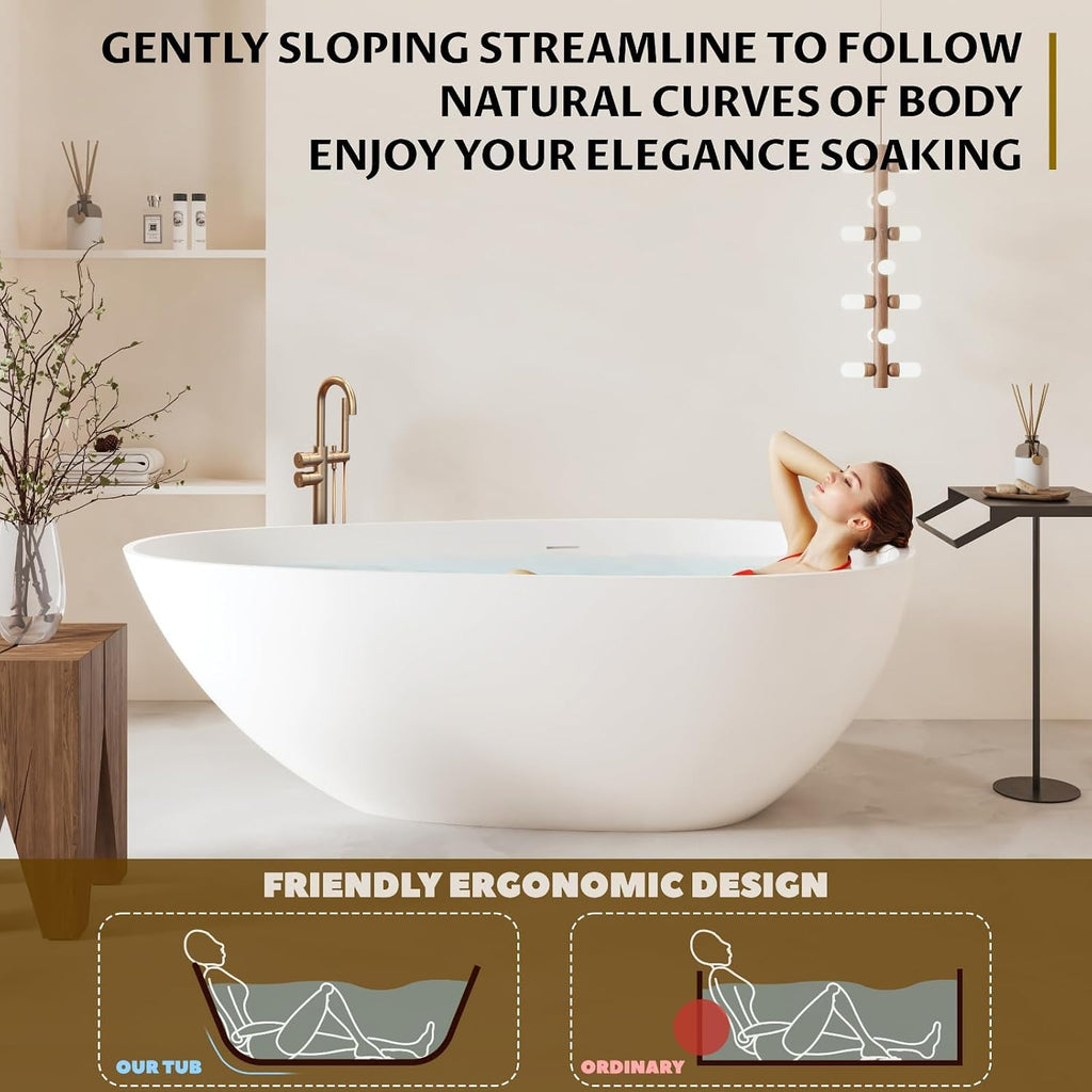 67' Freestanding Bathtub, Solid Surface Soaking Tub - Oval Egg Shell Stone Resin with Pop-Up Drain & Overflow, CUPC Certified Matte White Deep Soaking Tub with Ergonomic Design for Luxury Bathroom