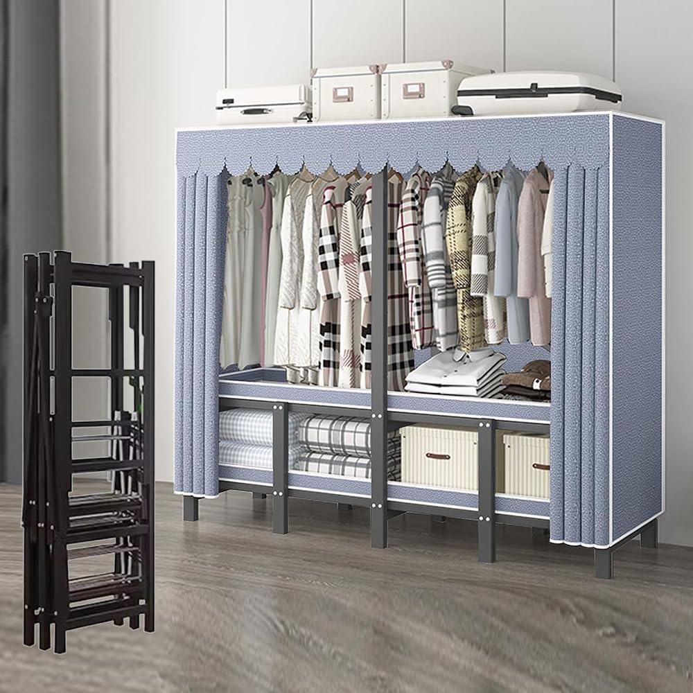 Heavy Duty Garment Rack, Clothing Storage Organizer Rack with Fabric Cover, Portable Closet Clothes Rack, Storage Shelves for Cloakroom, Bedroom,215cm/85in
