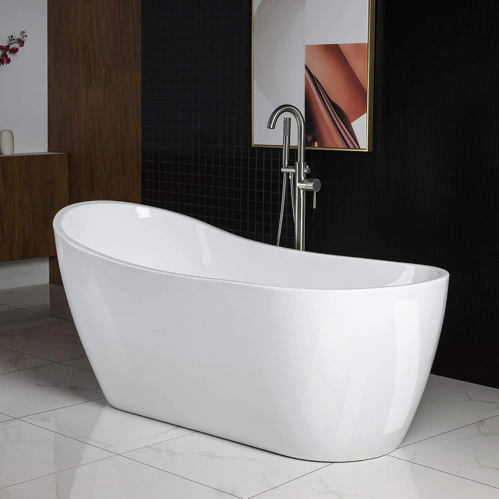 WOODBRIDGE 67' Acrylic Freestanding Bathtub Contemporary Soaking White Tub with Brushed Nickel Overflow and Drain，B-0001-BN