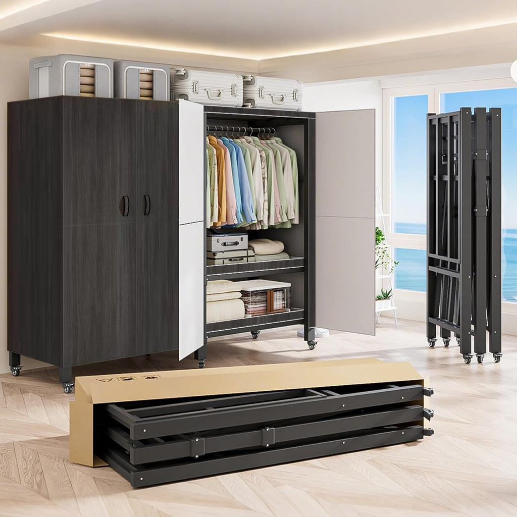Heavy Duty Covered Clothes Rack with Magnetic Door Foldable Portable Wardrobe Closet for Hanging Clothing Rolling Black Metal Garment Rack on Wheels Closet System (Black, 70.89in)