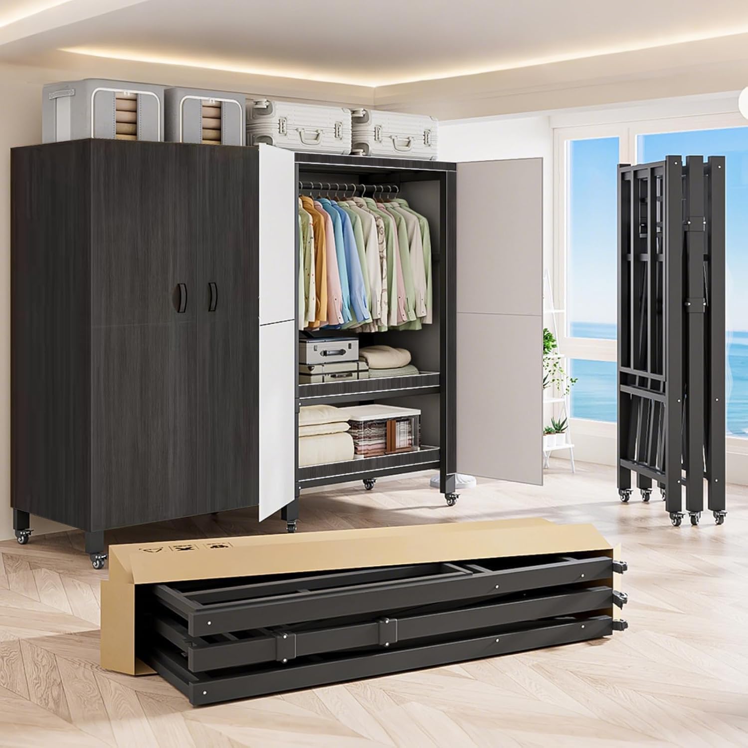 Heavy Duty Covered Clothes Rack with Magnetic Door Foldable Portable Wardrobe Closet for Hanging Clothing Rolling Black Metal Garment Rack on Wheels Closet System (Black, 70.89in)