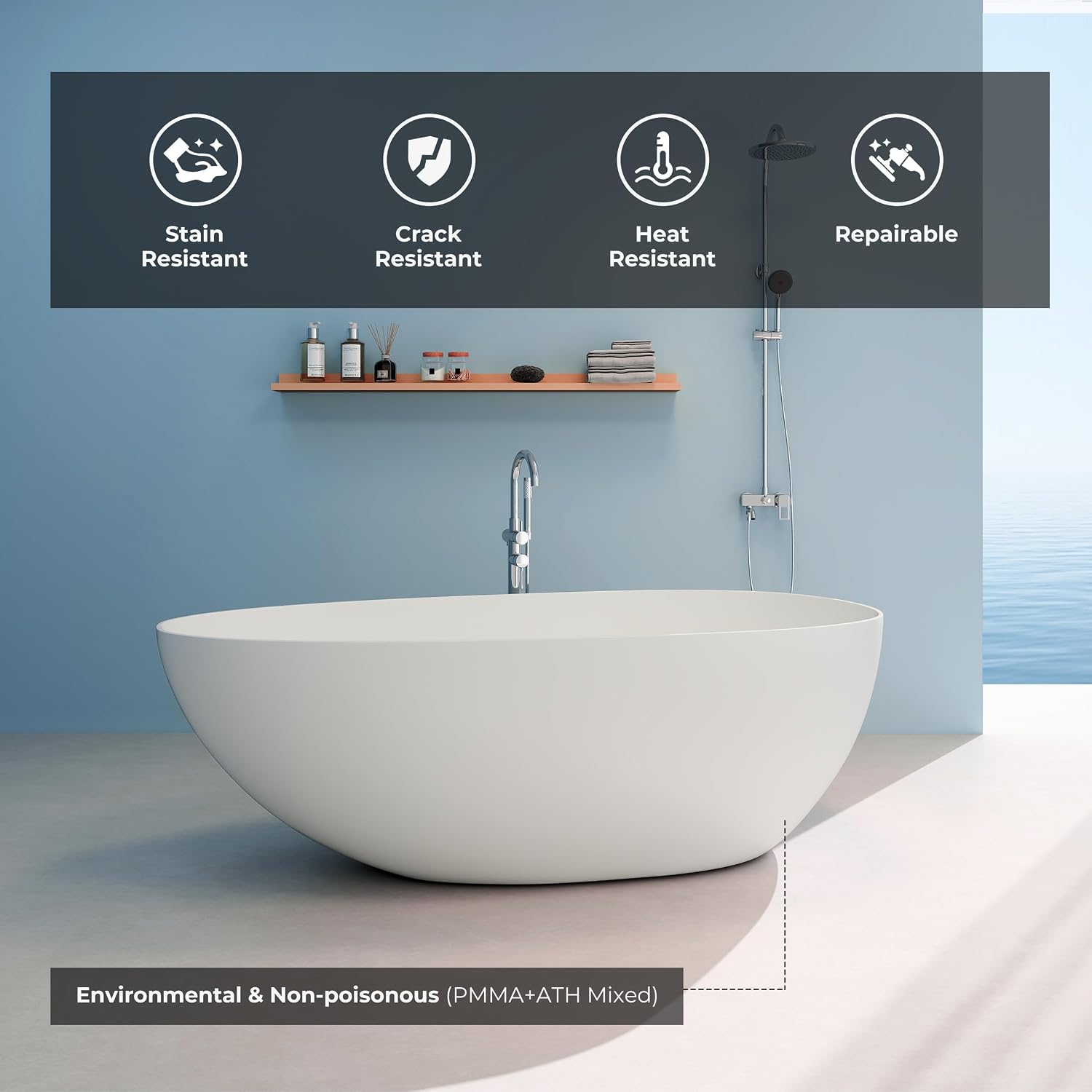 Premium 67'' Solid Surface Freestanding Bathtub, Upgraded Oval Shape Stone Resin Soaking Tub with Drain and Overflow, Matte White