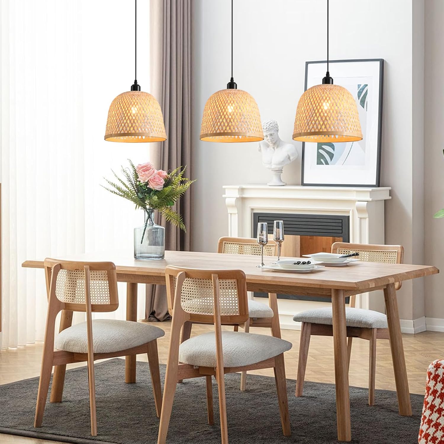 Bamboo Pendant Light 11.02' Hand Woven Bamboo Chandelier,3-Pack Rattan Ceiling Hanging Light,for Living Room Kitchen Dining Room Farmhouse