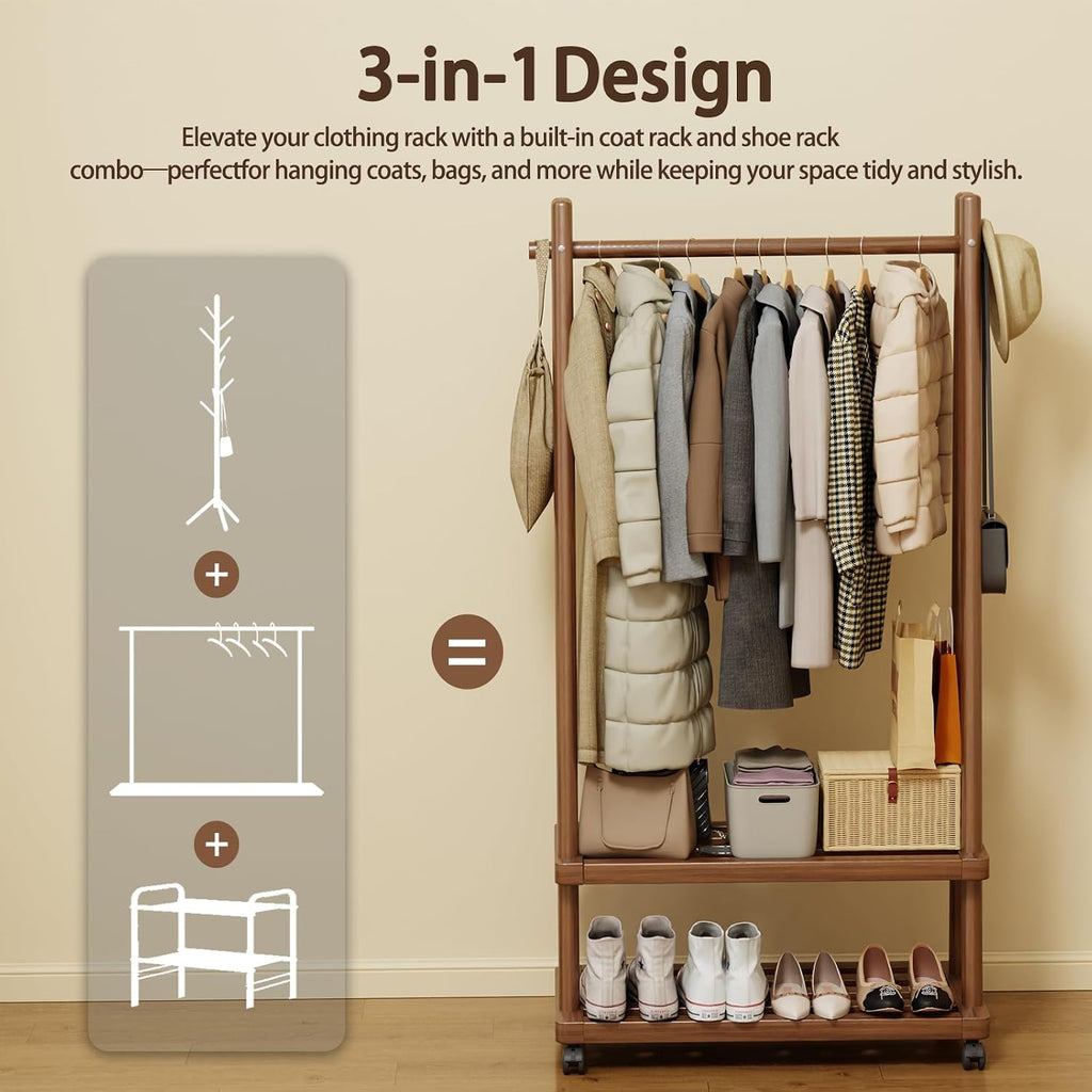 Solid Wood Clothing Rack Freestanding with Wheels, 3-in-1 Coat Rack with 2 Shelves & Hooks Load 500 Lbs, Heavy Duty Garment Rack for Hanging Clothes & Organizer for Entryway Bedroom Living Room 23.6'W