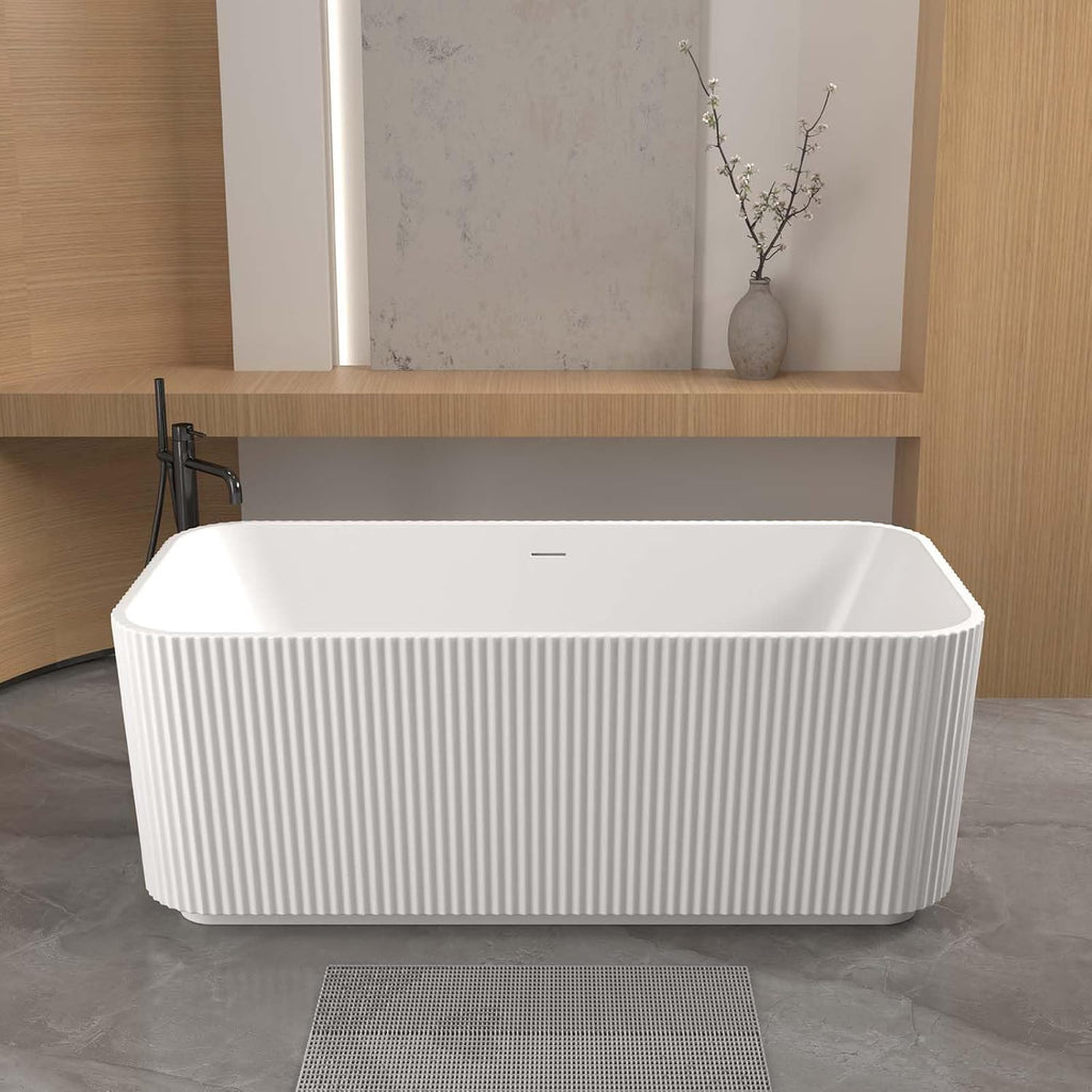 59' Acrylic Freestanding Tub, Rectangle Linear Stand Alone Soaking Tubs with Pop-up Chrome Drain, Free Standing Bathtubs with CUPC Certified, White
