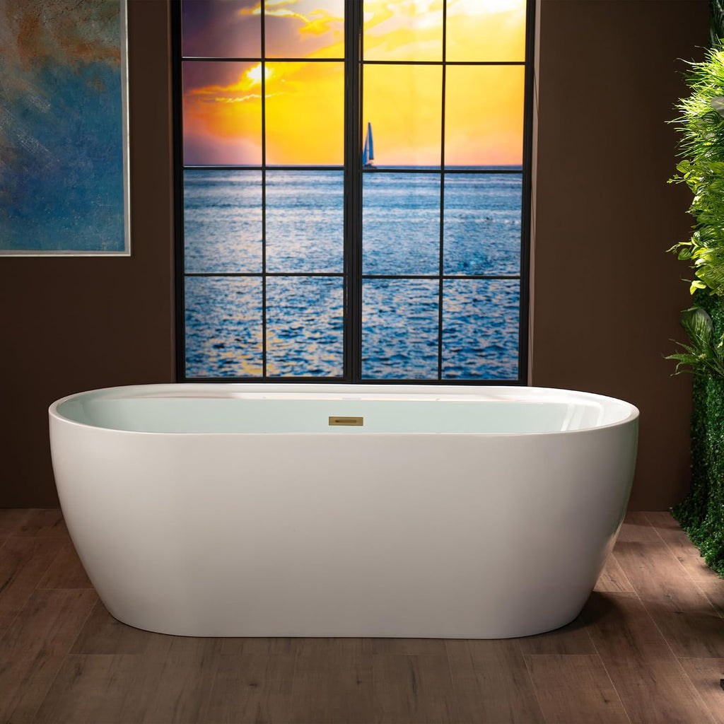 WOODBRIDGE 67' Acrylic Freestanding Bathtub Contemporary Soaking White Tub with Brushed Gold Overflow and Drain,B0063-BG