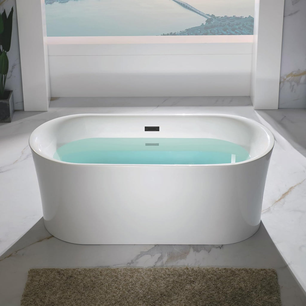 WOODBRIDGE 59' Acrylic Freestanding Bathtub Contemporary Soaking Tub with Matte Black Overflow and Drain,White Tub,B0058-MB