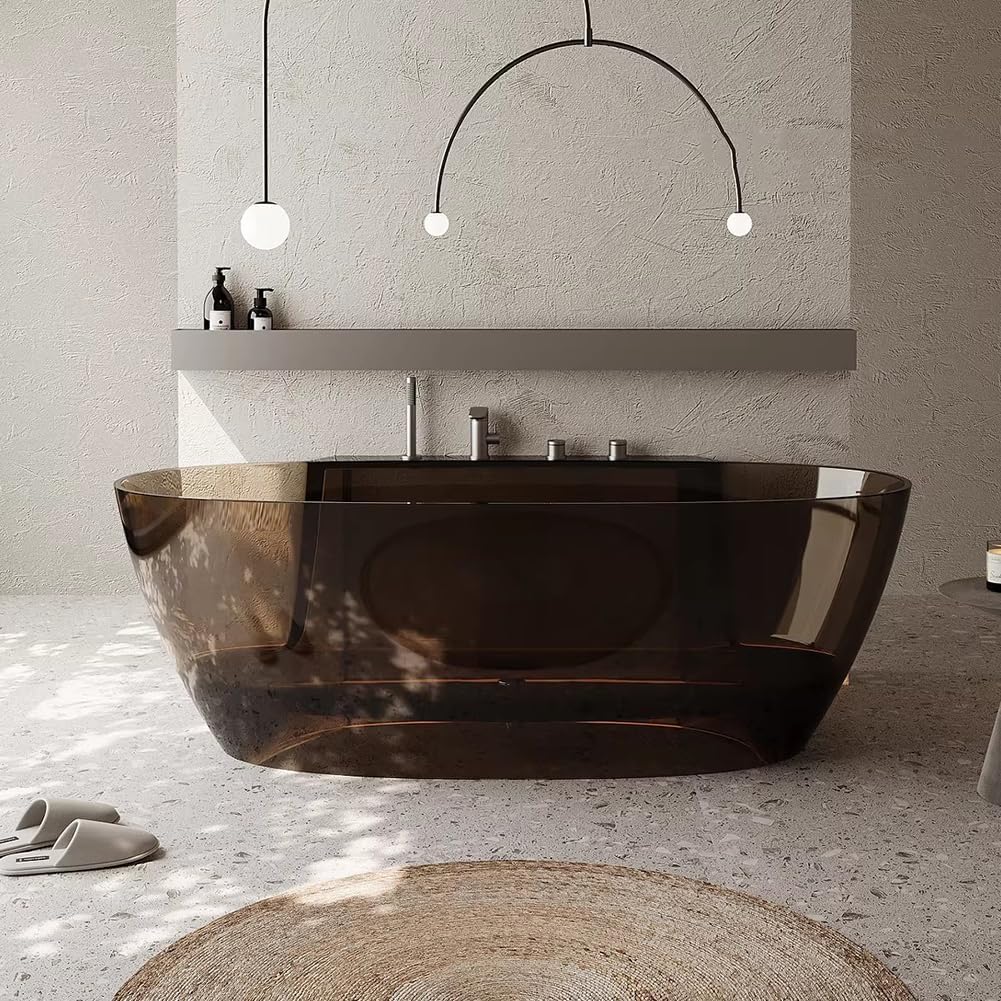Ergonomic Luxury Spa Bathtub, Oval-Shaped Transparent Resin Tub with Drain, Handcrafted Extra-Deep Tub, Modern Spa Bathroom, 55-70 Inches,I l170cm