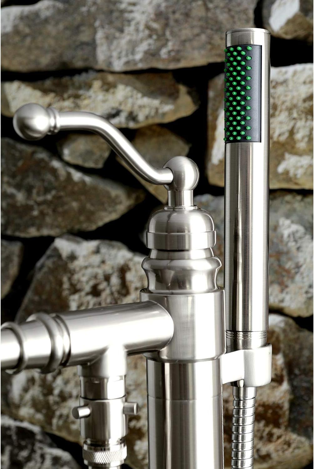 Kingston Brass KS7038ABL French Country Single Handle Freestanding Roman Tub Faucet with Hand Shower, Brushed Nickel