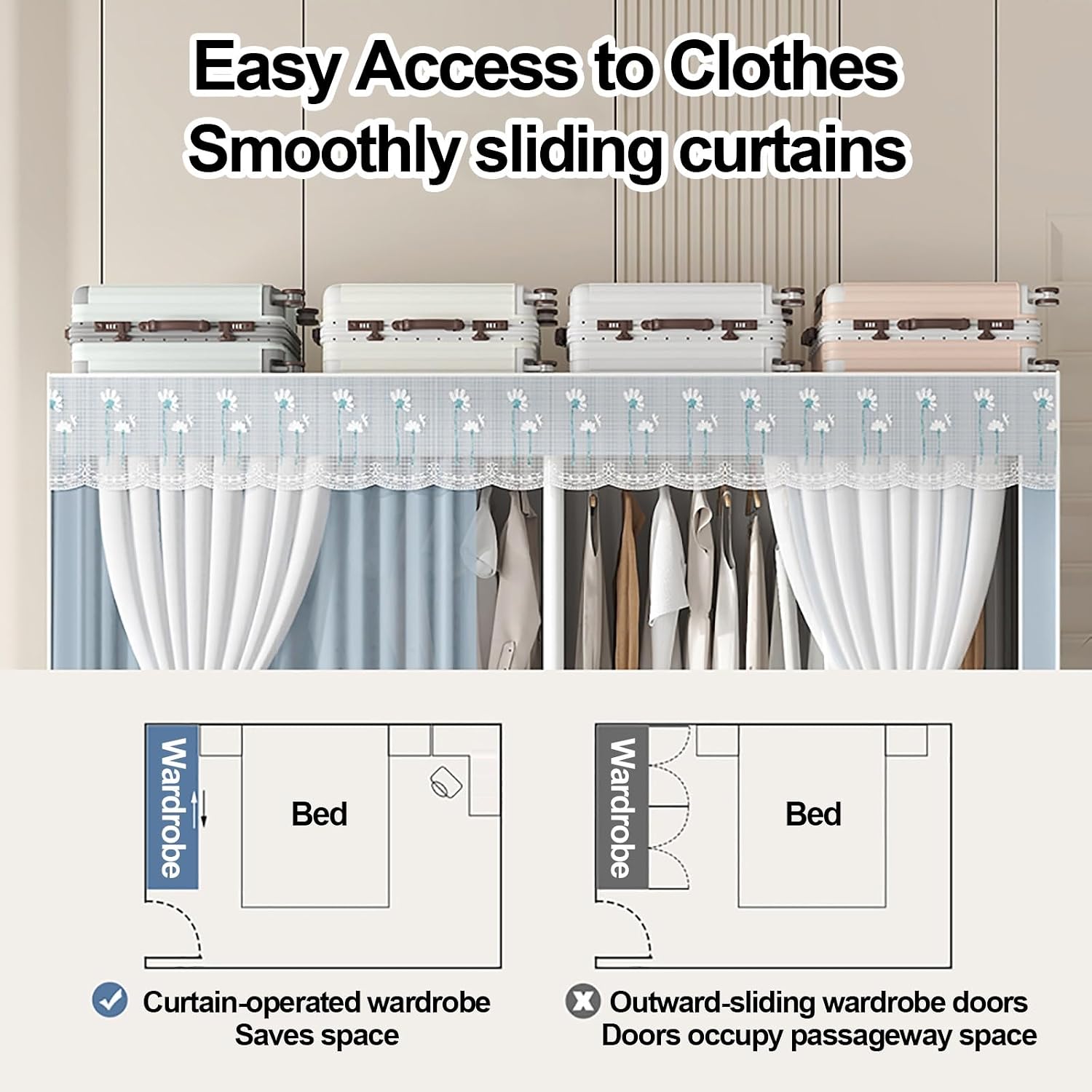 Portable Wardrobe Closet With Cover, Metal Freestanding Clothing Rack For Hanging Clothes, Wardrobe With Alloy Steel Connectors, Garment Rack For Bedroom, Dorm(Pink1,150x170x45cm)