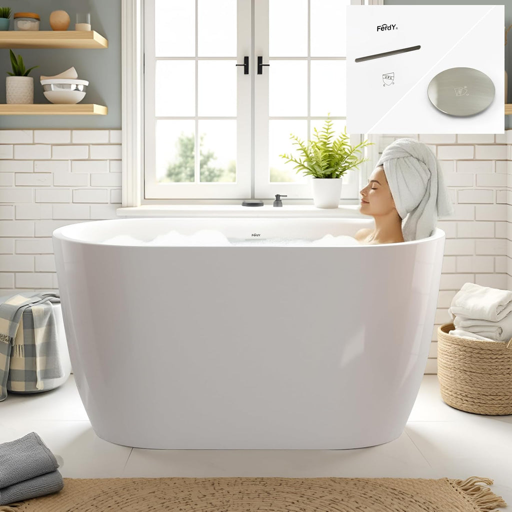 FerdY 47' Acrylic Freestanding Bathtub, Contemporary Soaking tub with Brushed Nickel Drain & Overflow, cUPC Certified, Elegant Oval Shape, Bali