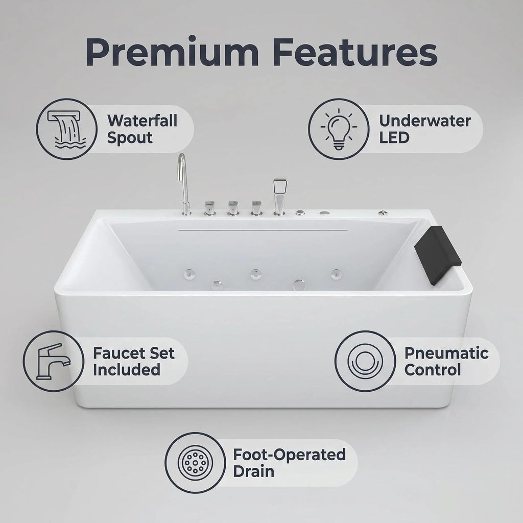 67'Acrylic Single Person Whirlpool Tub with Hydrotherapy Jets, LED Chromotherapy Lights, Soft Waterfall Spout, and 63-Gallon Capacity - Soaking Home Spa.
